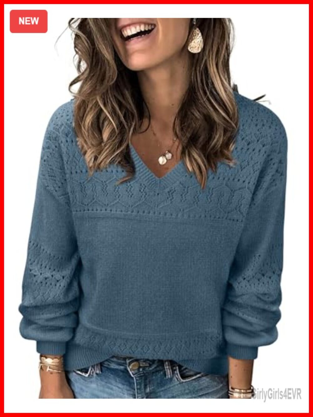 Women's Lightweight Knit V-Neck Pullover Sweater Crochet Lantern Sleeve